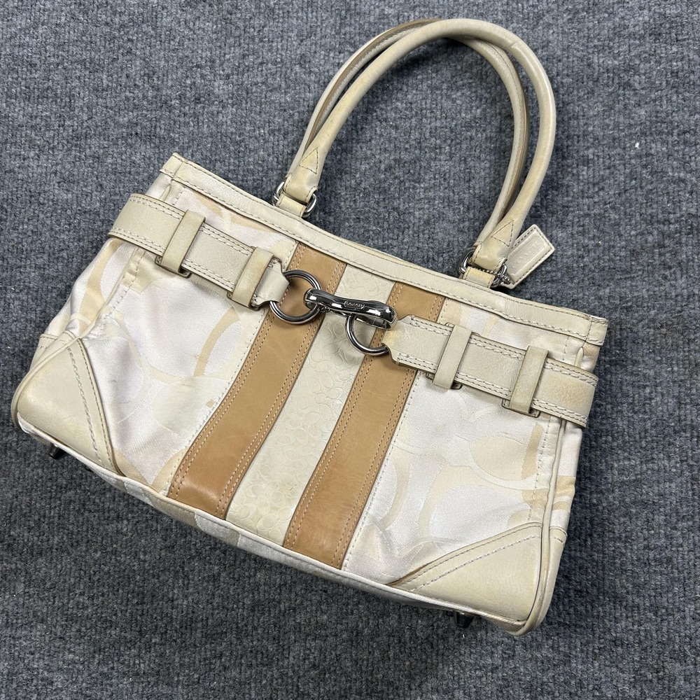 Coach Signature Avary Satchel Bag Womens Medium Beige Jacquard Leather Zip Purse